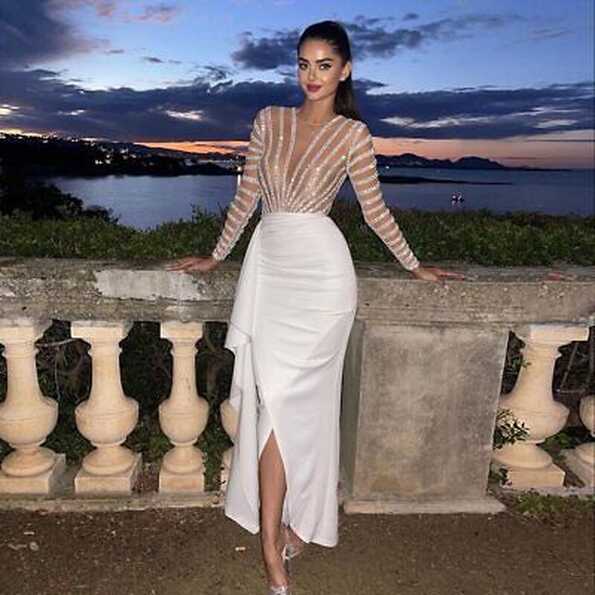 Dubai White Arabic Evening Dresses Long Sleeve Luxury Wedding ...