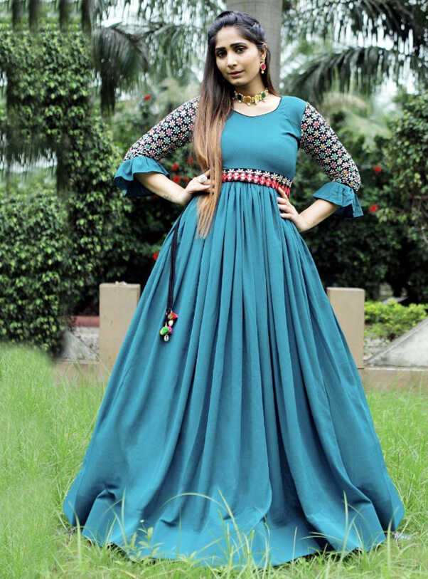 Dusty Blue Designer Party Wear Gown | Latest Kurti Designs