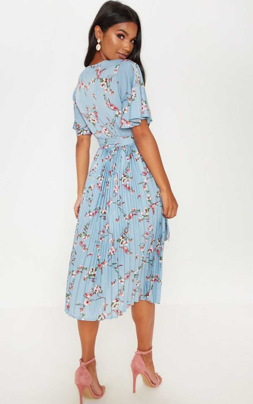 Dusty Blue Floral Pleated Midi Dress