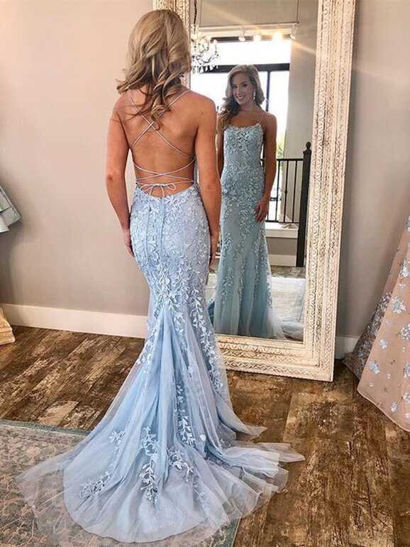 Dusty Blue Lace Mermaid Formal Dress Backless Tight Prom Dress