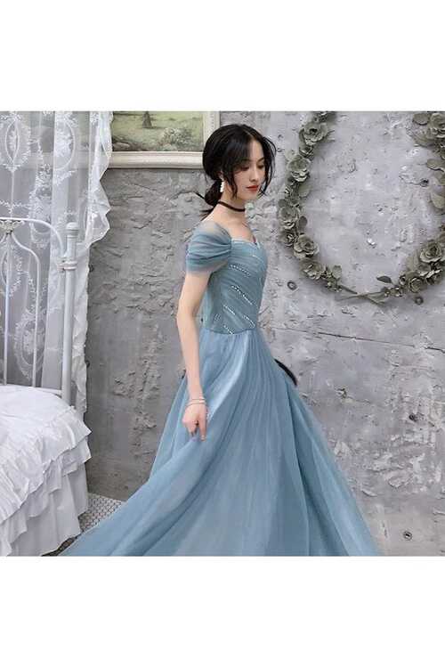 Dusty Blue Tulle Pleated Simple Prom Dress With Cap Sleeves ...