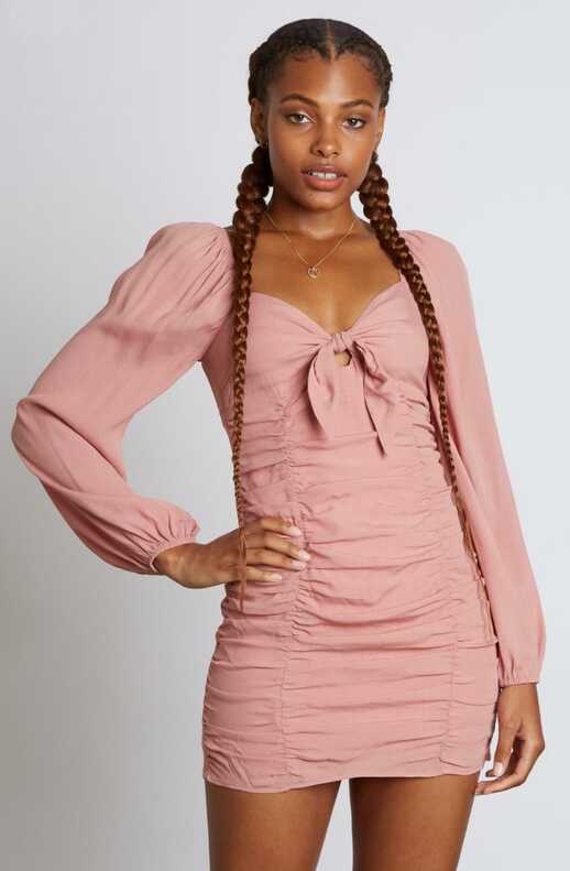 Dusty Pink Dress - Long Sleeve Dress - Ruched Dress | Boho Pink