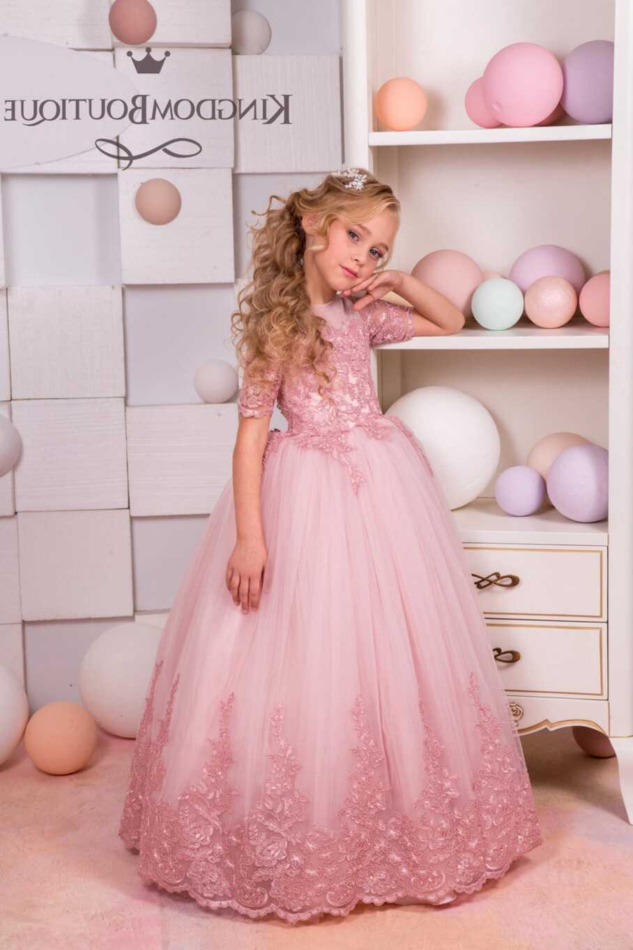 Dusty Pink Flower Girl Dresses For Wedding Short Sleeve Lace ...