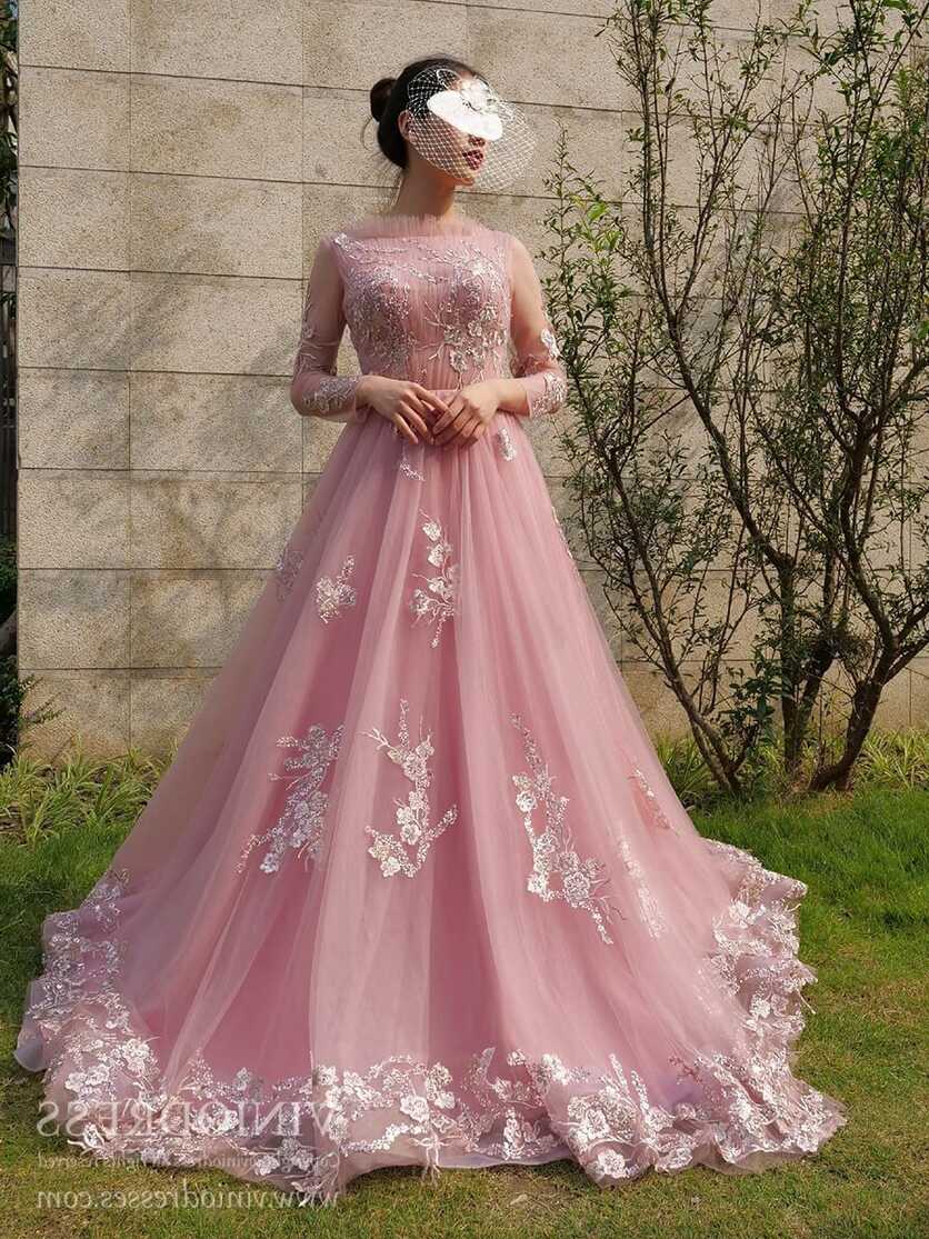 Dusty Rose Long Sleeve Prom Dresses Lace Applique Evening Dress ...