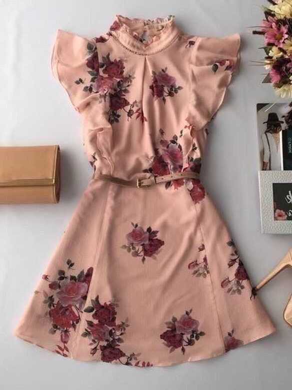 Dusty Rose w/ Mauve Floral | Ruffle Shoulder | High Neck | Tan ...