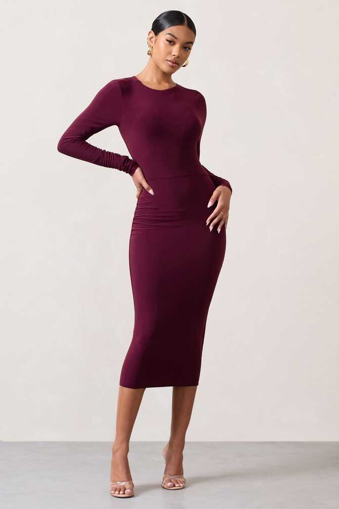 Dynasty Darling Burgundy Cowl-Neck Long-Sleeved Bodycon Midi Dress ...