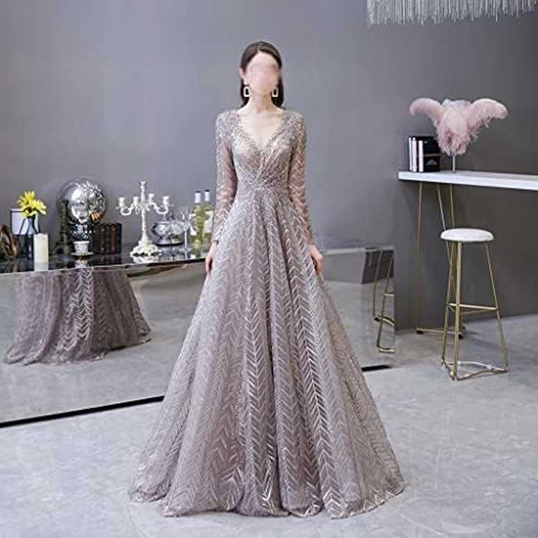 ECSWP Evening Dresses Lace V Neck Full Sleeves Crystal Long Ball ...