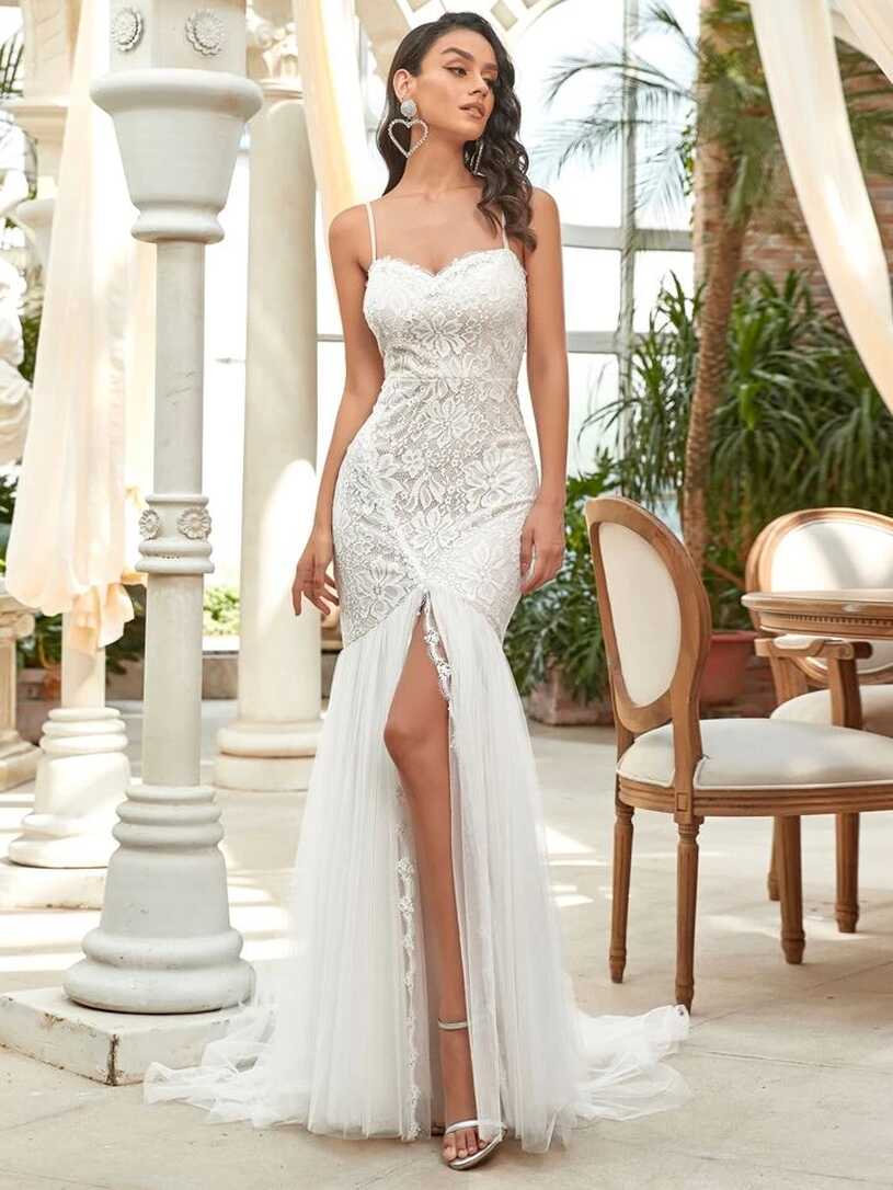 EVER-PRETTY Contrast Mesh Split Hem Floral Lace Cami Wedding Dress ...