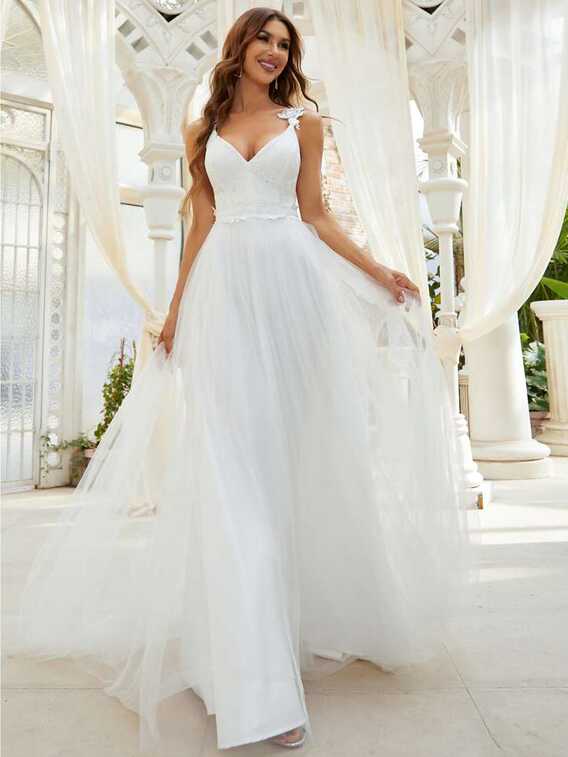 EVER-PRETTY Gorgeous Contrast Lace &amp; Mesh Wedding Dress | SHEIN USA