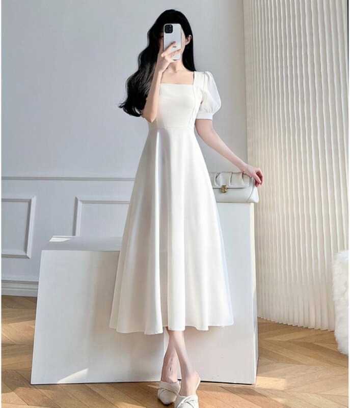 EXELNT Vintage White Maxi Dresses for Women Party Prom Puff Sleeve ...