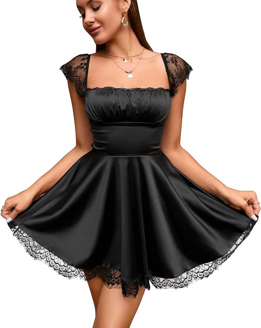 EYNMIN Women&#39;s Satin Lace Strap Mini Dress Square Neck Flowy A ...