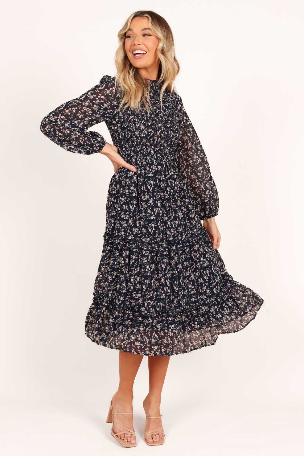 Edwina Shirred Frill Long Sleeve Midi Dress - Navy Floral - Petal ...