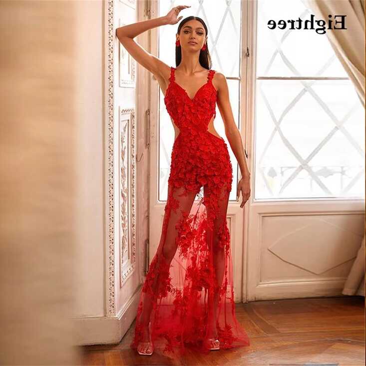 Eightree Newest Sexy Red Prom Dresses Sequins Flower V Neck Formal ...