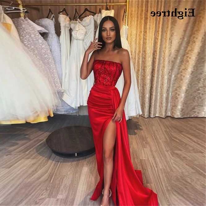 Eightree Red Mermaid Prom Dresses Strapless Sequined High Side ...