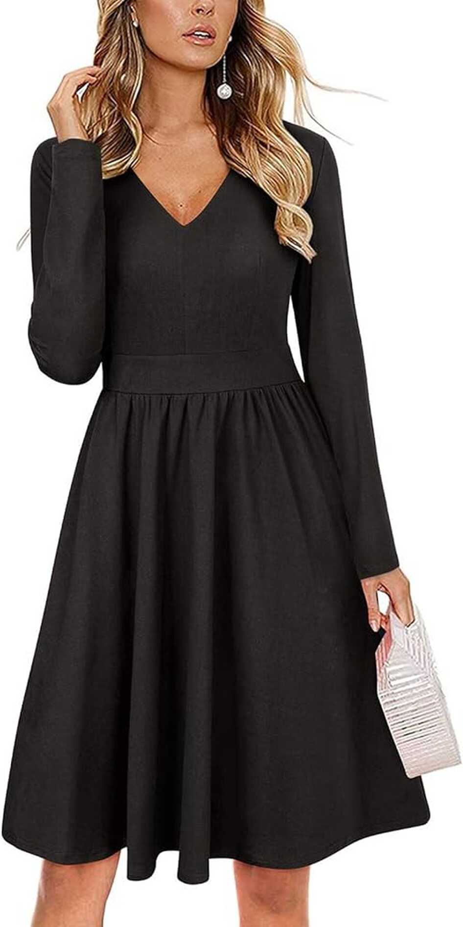 Ejoyous Women&#39;s V-Neck Long Sleeve Dress Solid Color Knee Length ...