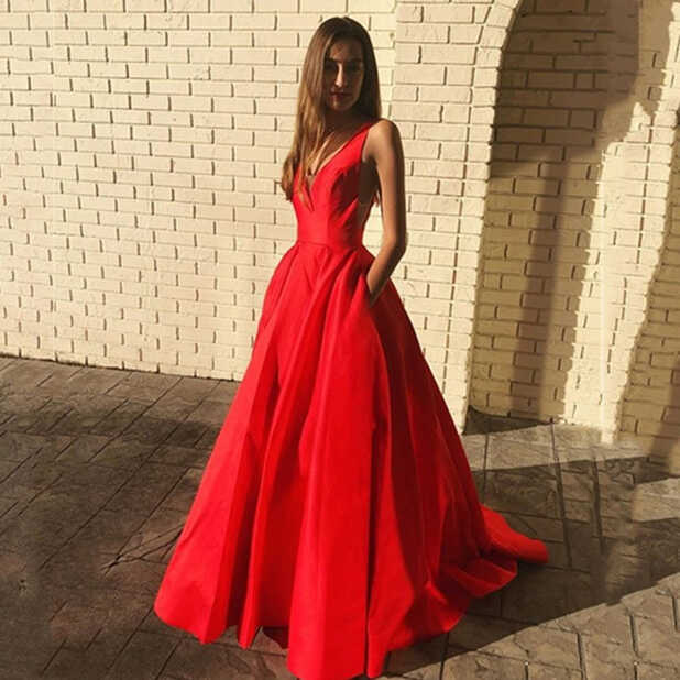 Elegant A-Line Red Prom Dresses Long 2021 Luxury V Neck Formal ...