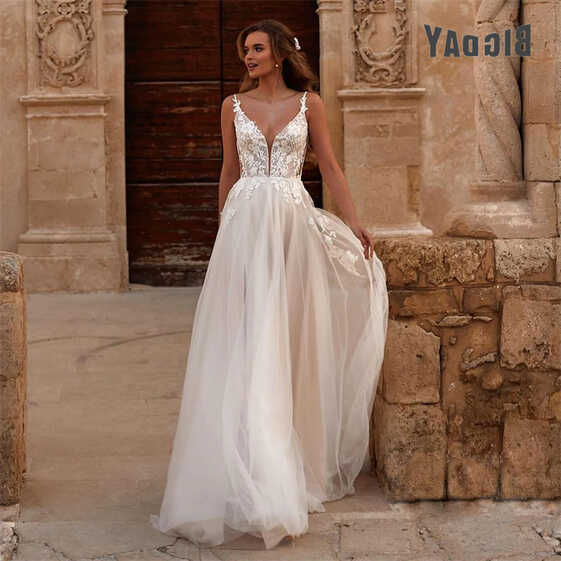 Elegant A-Line Wedding Dresses Women 2024 Lace V-Neck Open Back ...