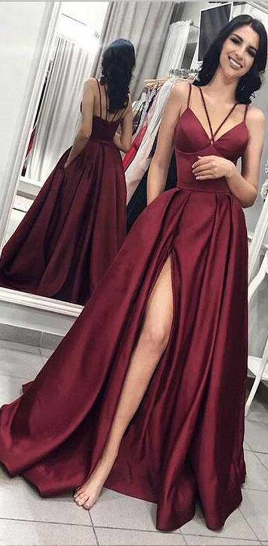 Elegant A-line Burgundy Simple Cheap Satin Prom Dresses, evening ...