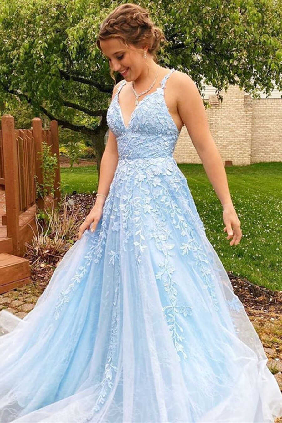 Elegant A-line Long Baby Blue Straps V-Neck Lace Prom Dress ...