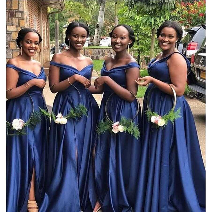 Elegant A-line Navy Blue V -neck Off the Shoulder Cheap Bridesmaid Dre