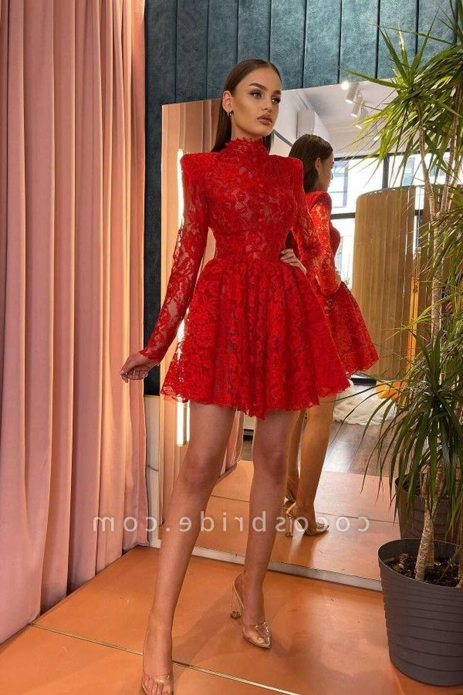 Elegant A-line Short Red Long Sleeves Lace Homecoming Dress