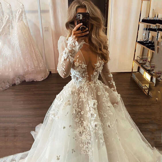 Elegant A-line Wedding Dresses Applique Tulle Long Sleeve Court ...