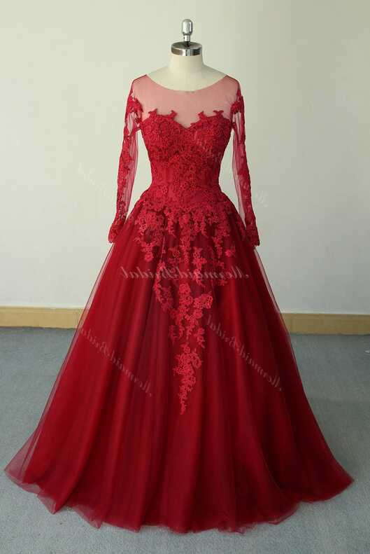 Elegant Aline Dark Red Vintage Lace Wedding Dress, Open Back ...