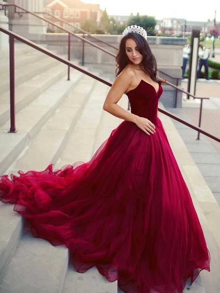 Elegant Ball Gown Burgundy Long Organza Prom Dresses – Angrila