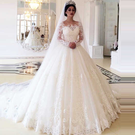 Elegant Ball Gown Princess Wedding Dress Long Sleeve Lace Tulle ...