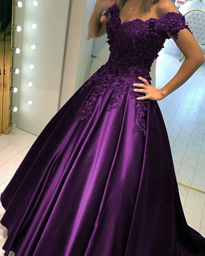 Elegant Ball Gown Satin Prom Dresses Lace Flowers Beaded – alinanova