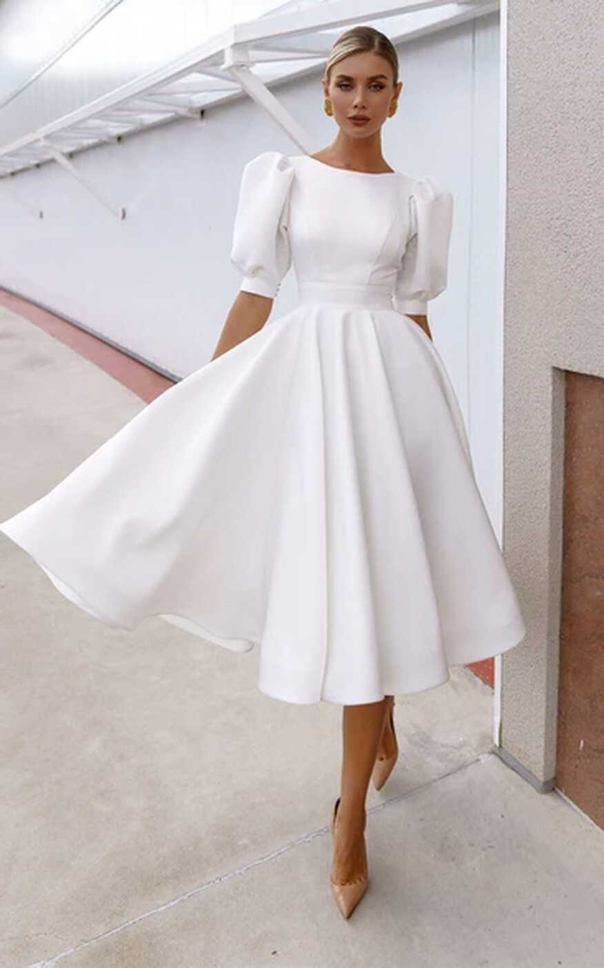 Elegant Bateau A Line Satin Knee-length Wedding Dress - June Bridals