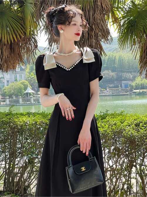 Elegant Black Dress Women Vintage Casual Office Ladies New Korean ...