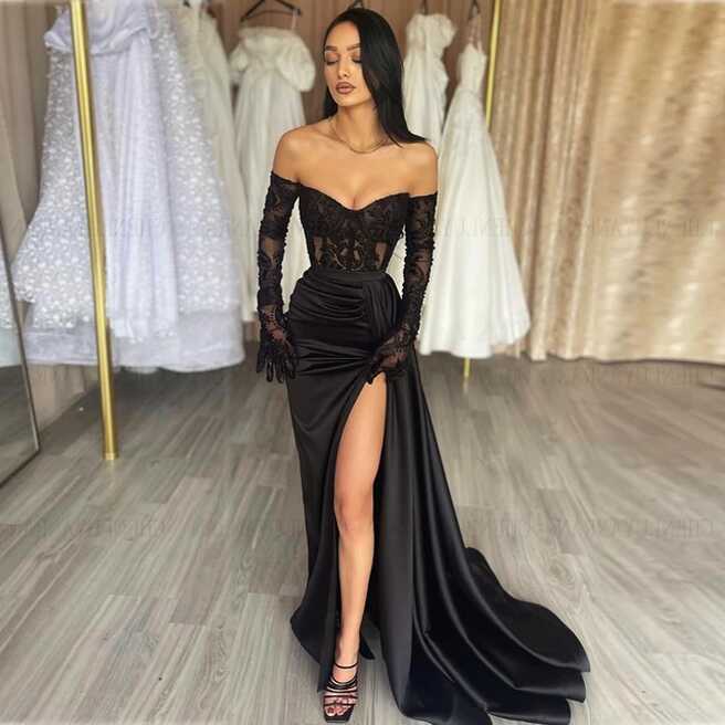 Elegant Black Formal Occasion Dresses Off-shoulder Lace Satin ...