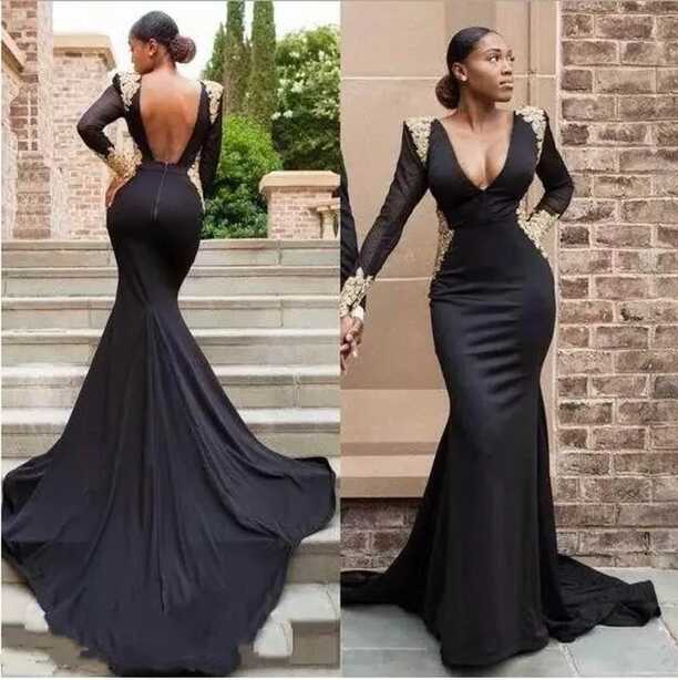 Elegant Black Mermaid Evening Dresses Deep V Neck Long Sleeves ...