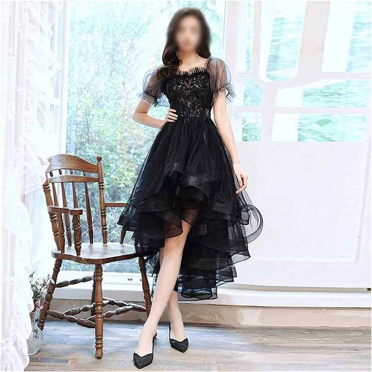 Elegant Black Prom Dresses Appliques Layered Tulle High Low Semi ...