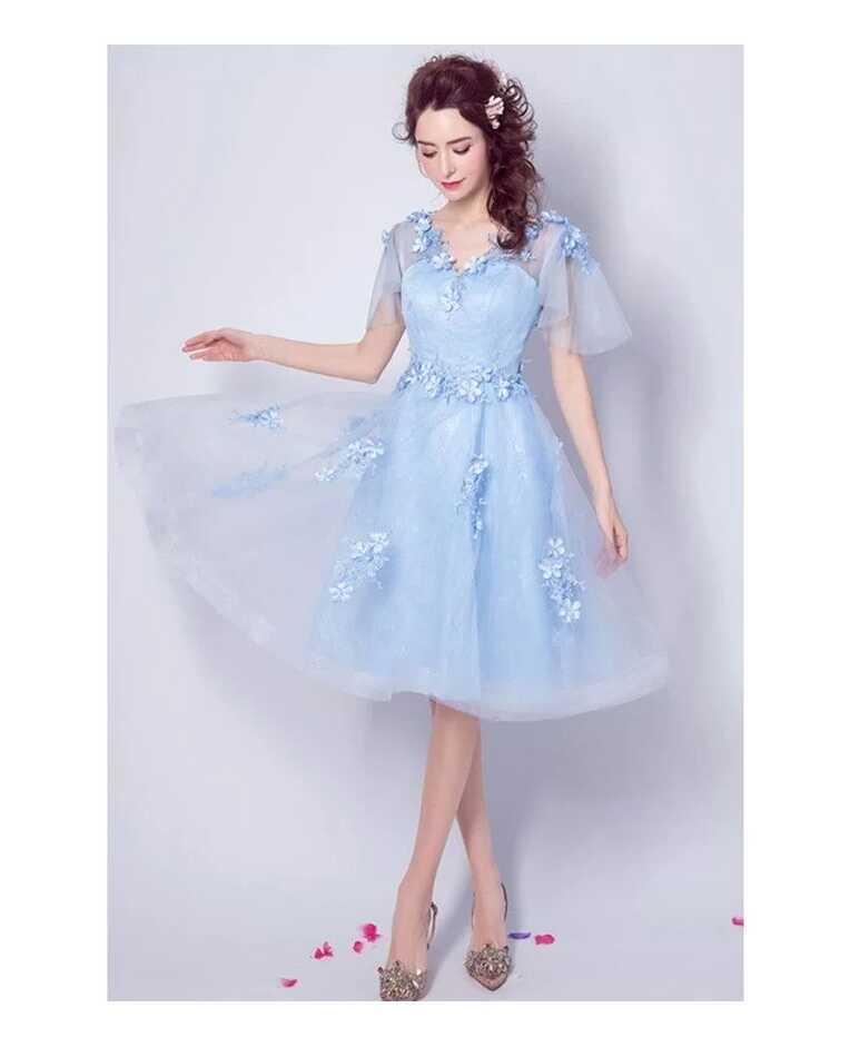 Elegant Blue Knee Length Tulle Homecoming Dress Flowy A-line V ...