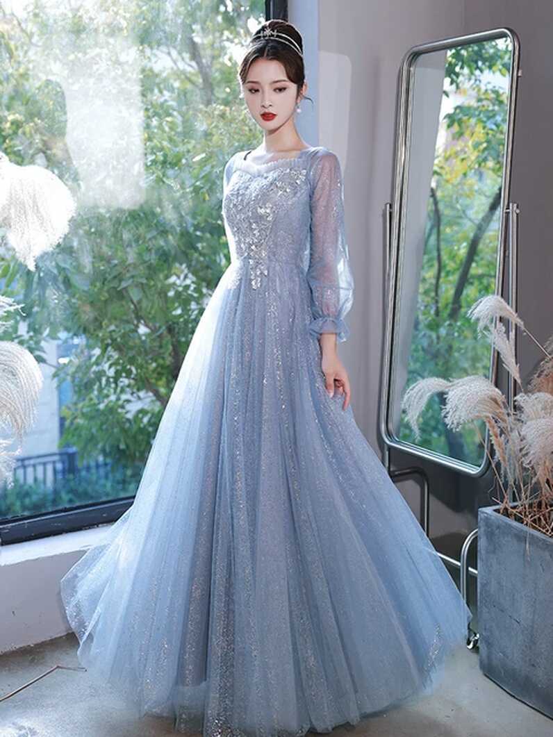 Elegant Blue Party Dress French Square Collar Long Sleeve Prom ...