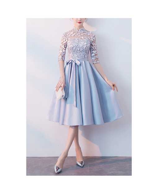 Elegant Blue Wedding Guest Dress With Sheer Lace Sleeves #J1479 ...