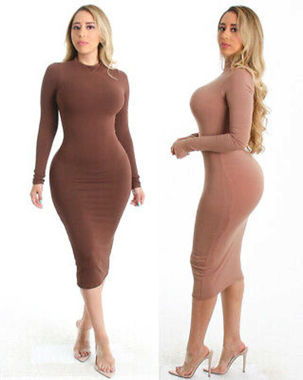 Elegant Bodycon Crew Neck Long Sleeve Soft Lining Midi Dress ...