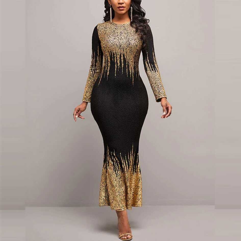 Elegant Bronzing Glitter Long Dress for Women O Neck Long Sleeve ...