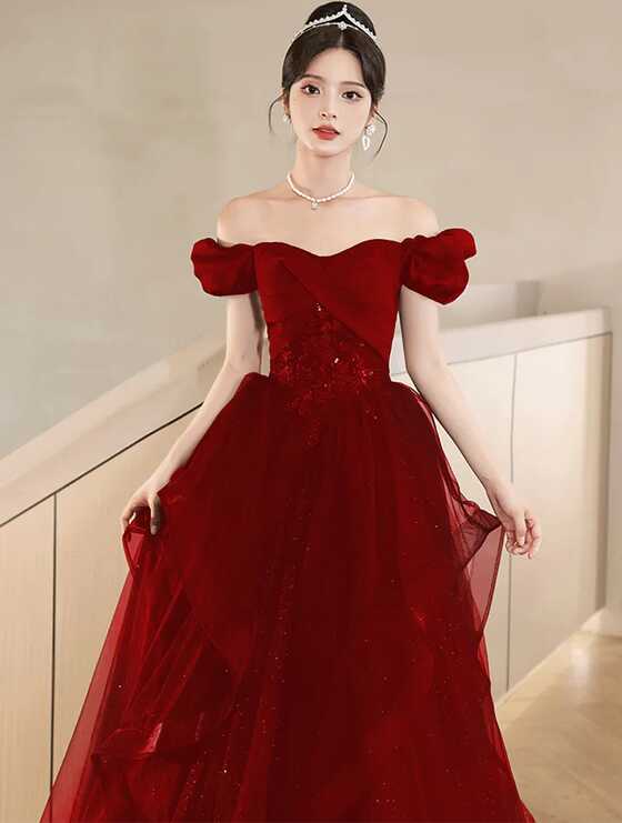 Elegant Burgundy Short Sleeve Prom Long Dress Evening Ball Gown ...