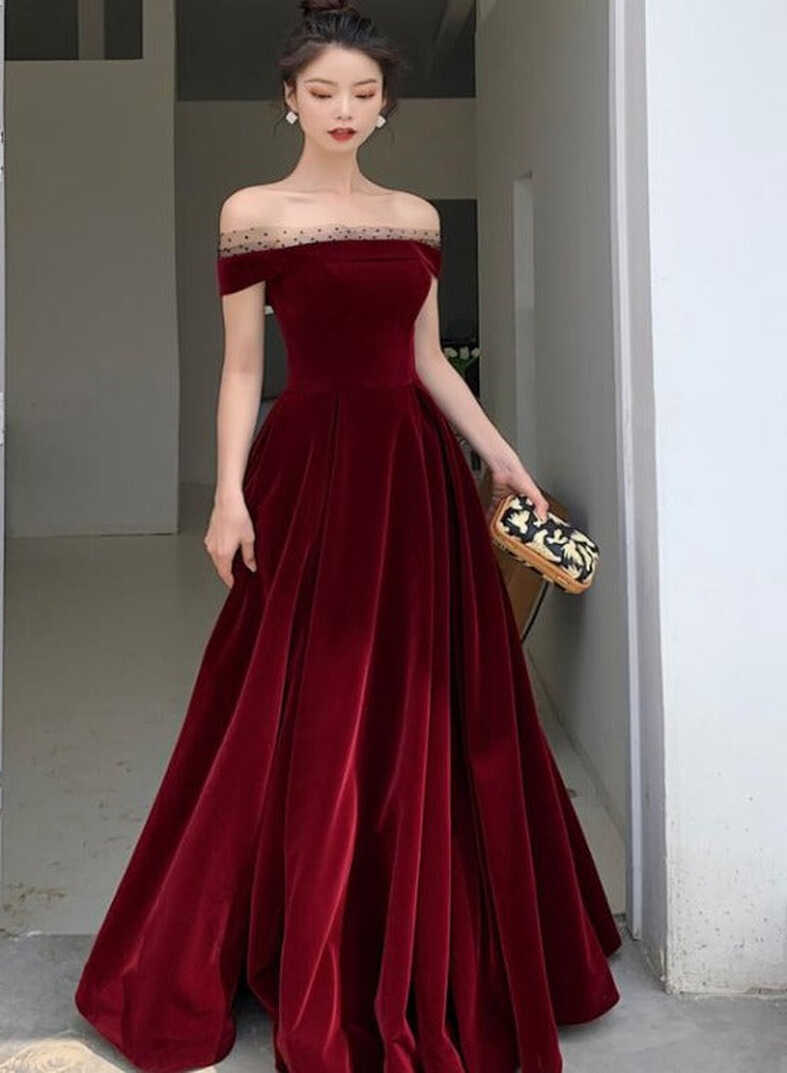 Elegant Burgundy Velvet A-line Lace-up Floor Length Party Dress ...