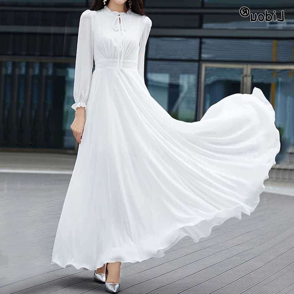 Elegant Casual O-neck Long Sleeve White Slender Dresses Spring ...