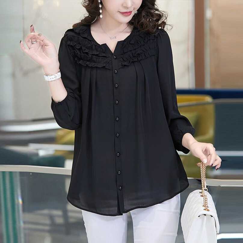 Elegant Chic Sweet Ruffle Solid Loose Chiffon Shirts Spring Summer ...