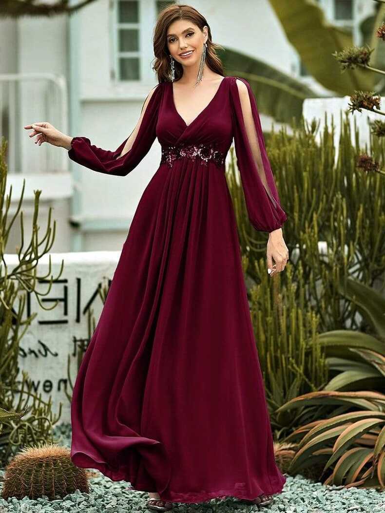 Elegant Chiffon V-Neckline Long Sleeve Formal Evening Dress ...