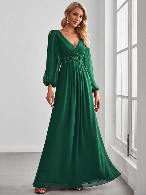 Elegant Chiffon V-Neckline Long Sleeve Formal Evening Dress | eBay