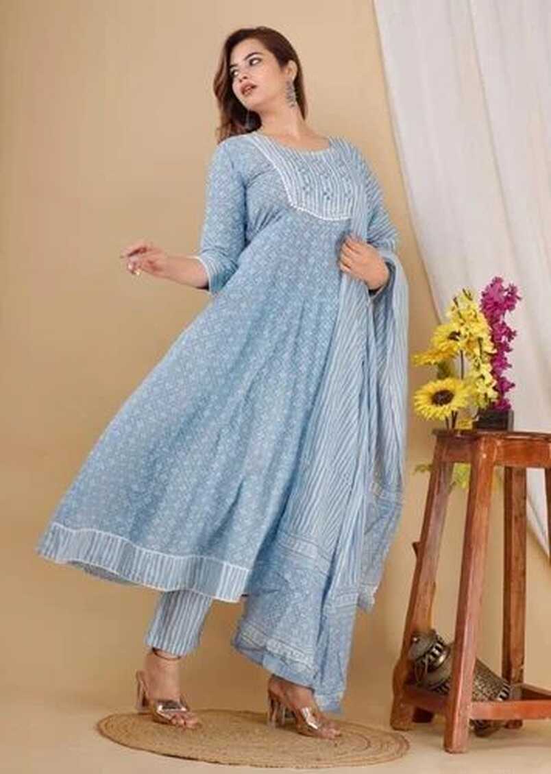 Elegant Cotton Frock style kurti with Pant and Dupatta Set, Gentle ...