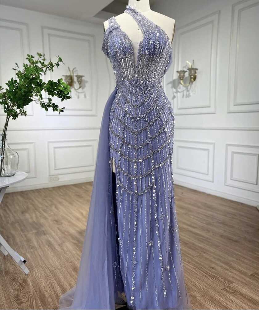 Elegant Cross Halter Neck Embellished Evening Gown With Split ...