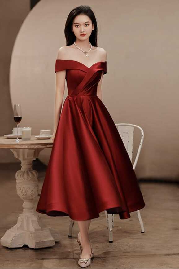 Elegant Dark Red Satin Tea Length Bridesmaid Dress, Wine Red Short ...