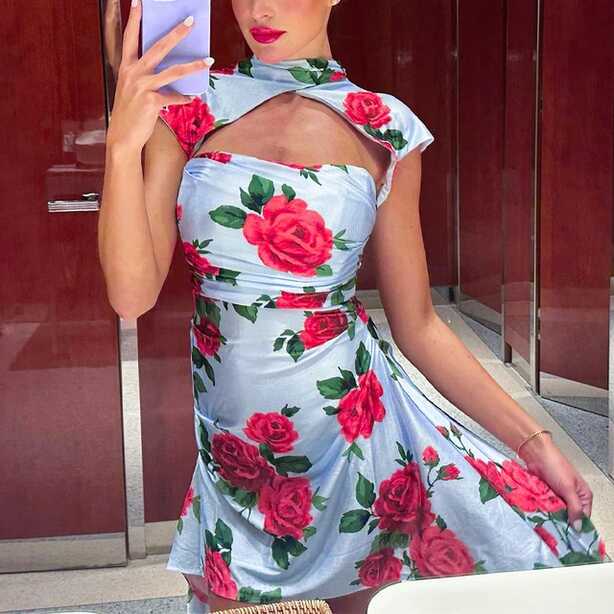 Elegant Dress Floral Print Cheongsam Style Cut Out Mini Dress ...